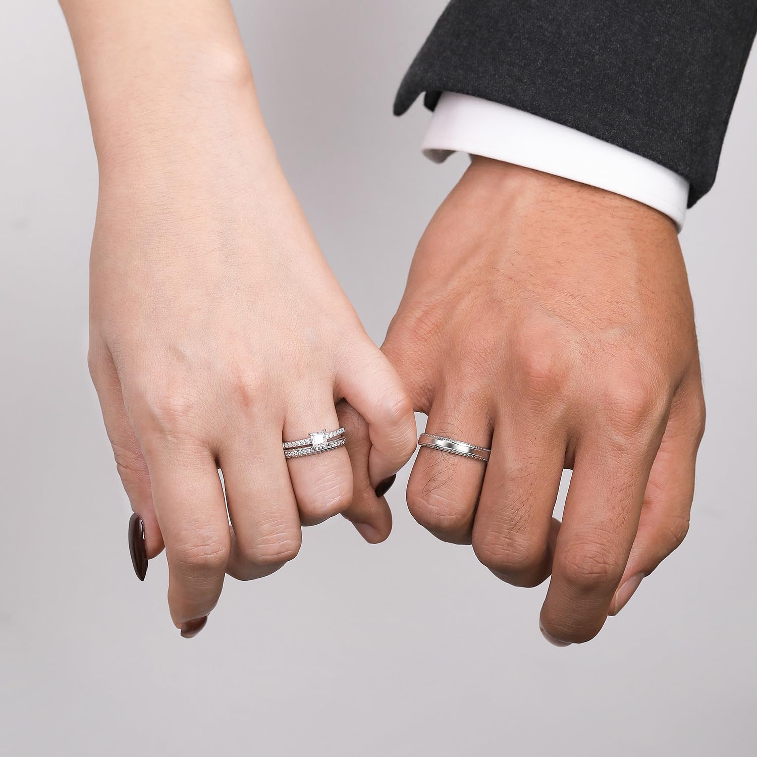 Meissa Set de 3 Anillos de Compromiso Alianzas de Plata Pareja de Ley 925 Zircón Corte Princesa Anillos Ajustables para Pareja Anchos