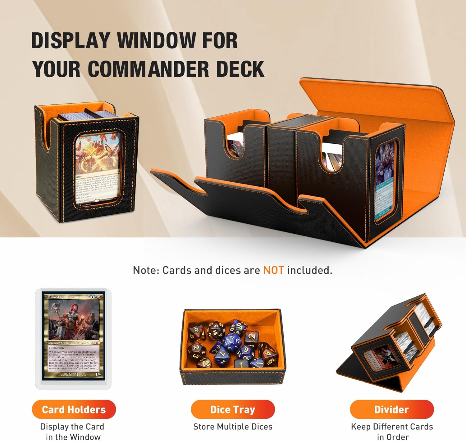 TiMOVO MTG Deck Box, Commander Deck Case Fits 200+ Double-Sleeved Cards, Magnetic Leather Card Storage Box with 2 Commander Display & 4Dividers & Dice Tray Fit YuGiOh TCG CCG Magic Cards, Black+Orange