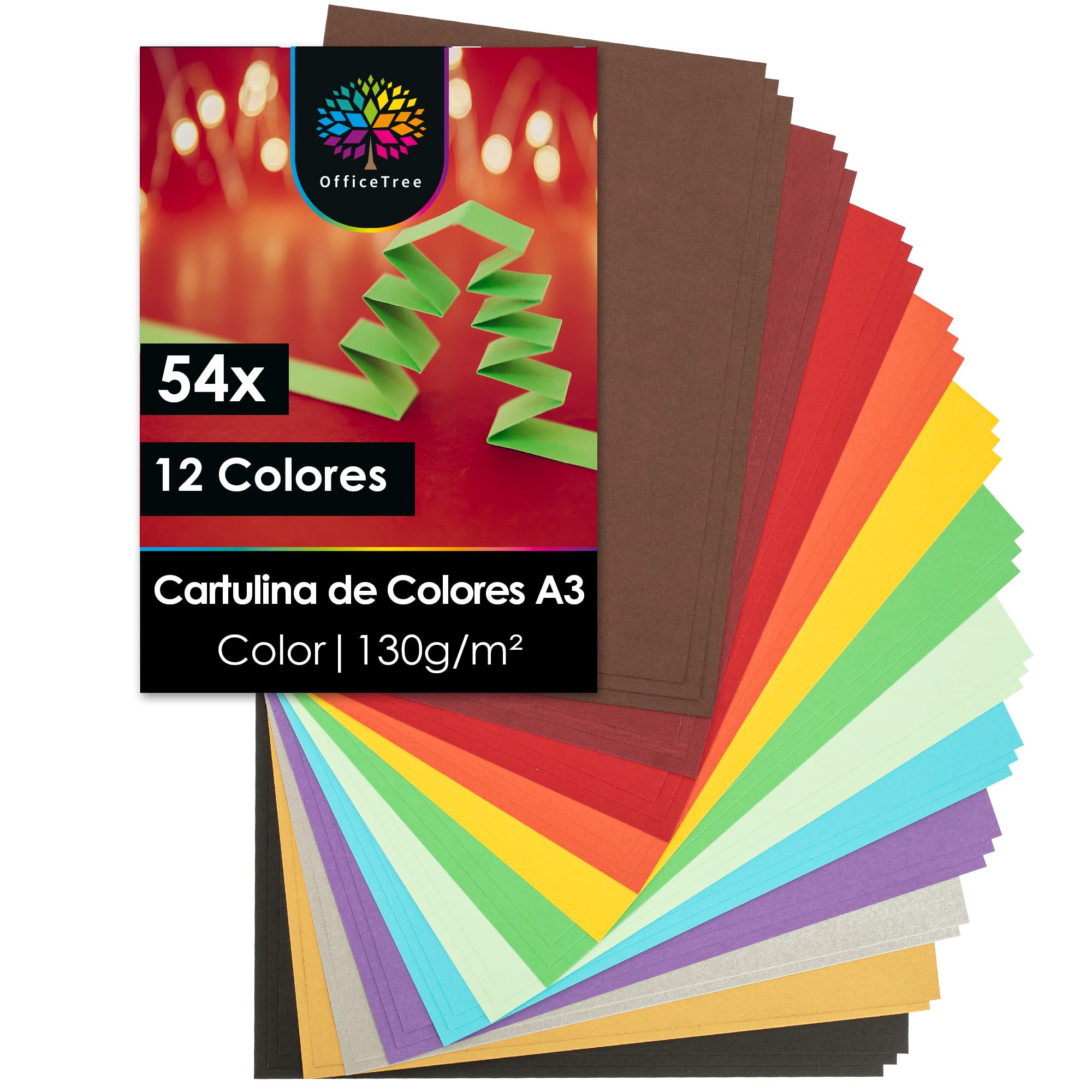 OfficeTree 54 x Papel de tono, A3, multicolor, 12 colores, incluye 2 hojas de oro y 2 hojas de plata, papel para manualidades de colores de 130 g/m², cartón para manualidades y diseño