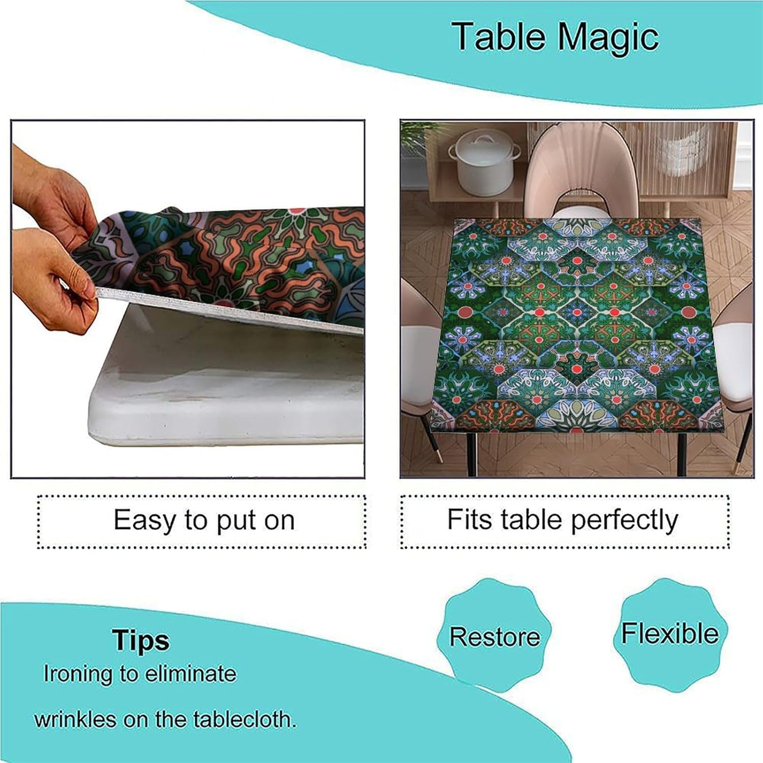 Square Fitted Polyester Tablecloths, Boho Art Floral Elastic Edge Decorative Table Cloth, Dust & Wrinkle Proof Fabric Tablecloths for Family Festival Party Use, Fit for 48" x 48" Square Table