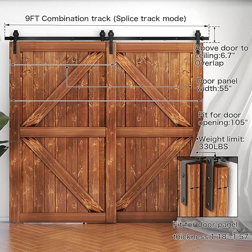 Miniatura 2 de Kit de herrajes para puerta corrediza de granero de 9 pies, accesorios de puerta corredera de modo de pista combinada, puertas de madera dobles