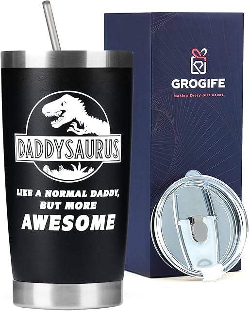 Tumbler Dad Gifts from Daughter Son - Christmas Stocking Fillers Xmas Birthday Presents for Father Daddy Grandad, Funny Insulated Coffee to go Cup Stainless Steel, Travel Mug with Straw Lid 600ml
