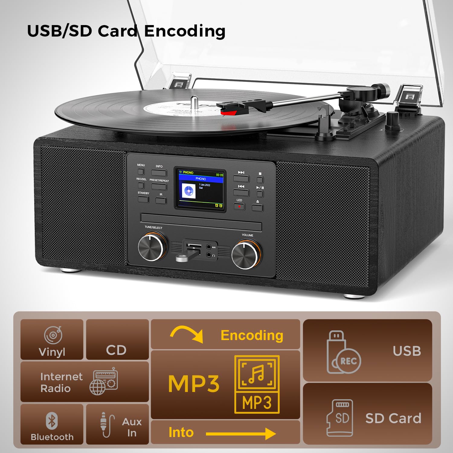 Giradischi Bluetooth in vinile con radio CD e Internet, giradischi con trasmissione a cinghia a 3 velocità con registrazione USB, uscita AUX/RCA, tono e telecomando, lettore in vinile nero vintage per
