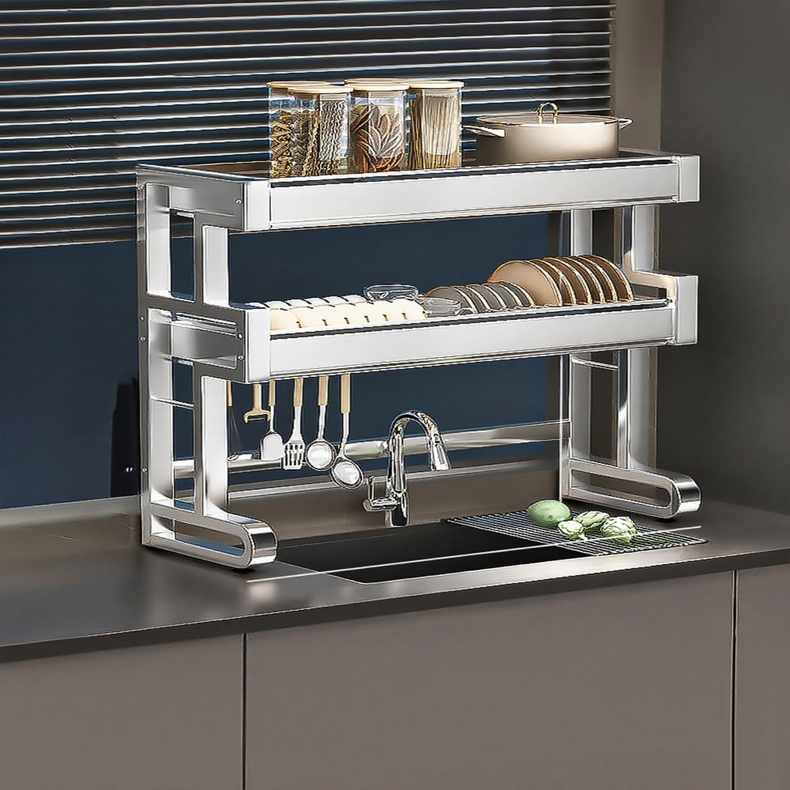 Escurridor de platos extensible para fregadero, extra grande, doble capa, 76 cm, acero inoxidable, escurridor de cocina para un secado eficiente de platos y soluciones de ahorro de espacio