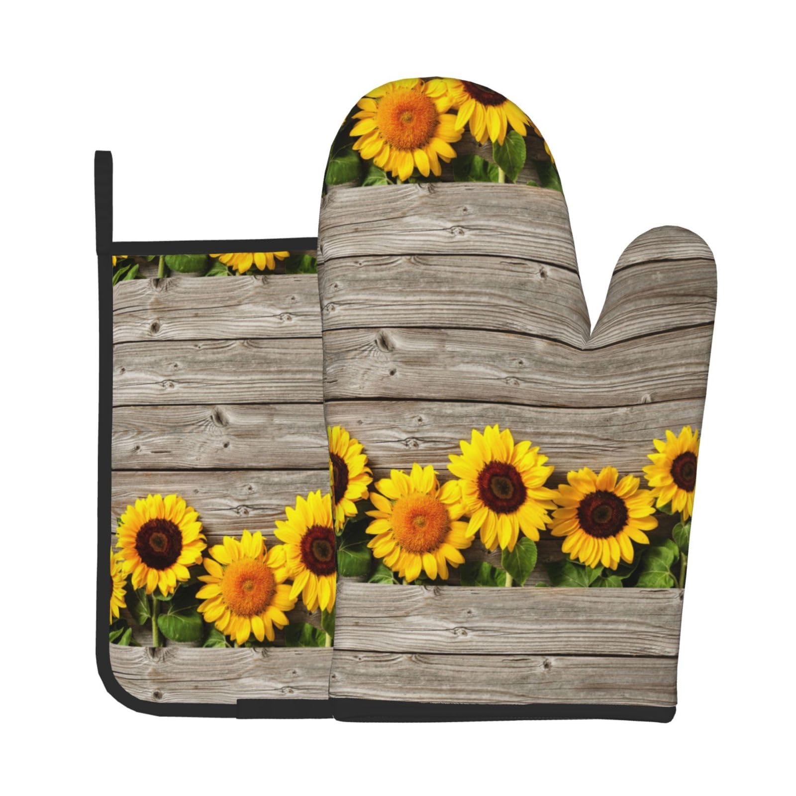 Sunflower On Rustic WoodKitchen Oven Golves，Heat Resistant Oven Mitts and Pot Holders Sets
