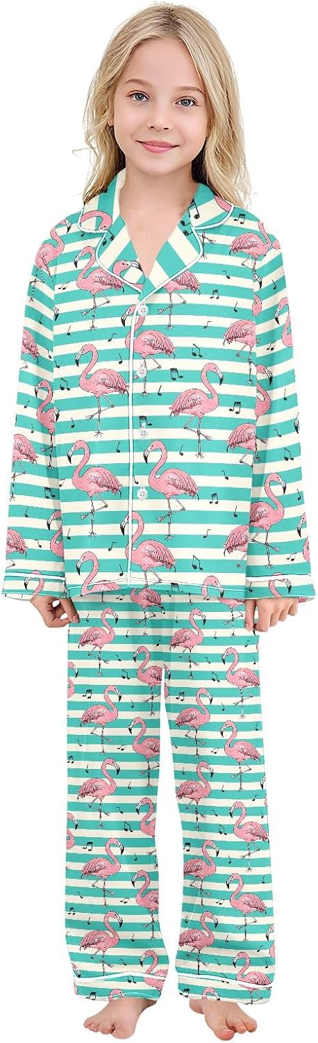 Kids Casual Satin Wear Set Flamingo Stripe Musical Notes Pattern Unisex Relaxed Fit Clothing