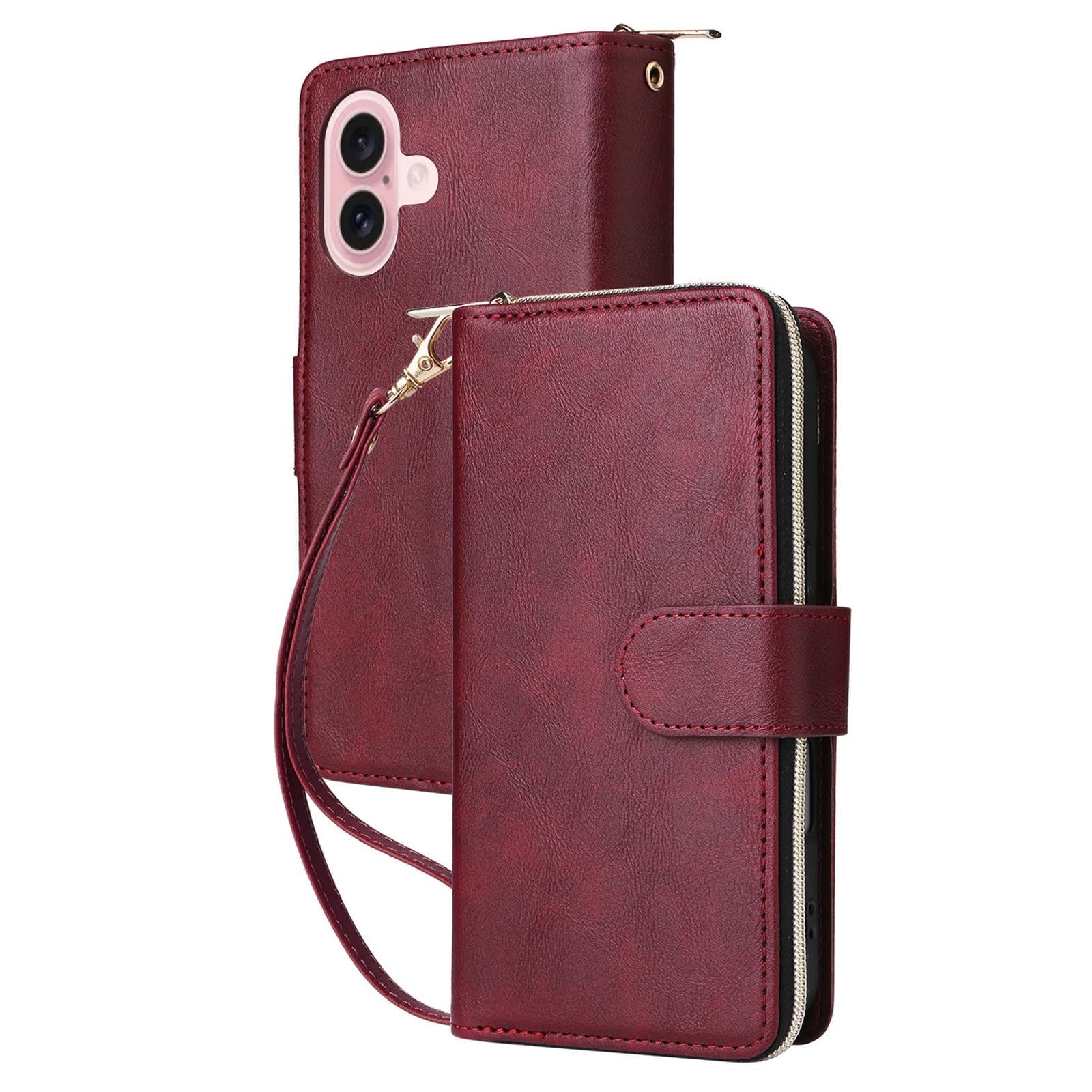 Coque iPhone 16 Pro portefeuille rabat antichoc étui cuir folio rouge