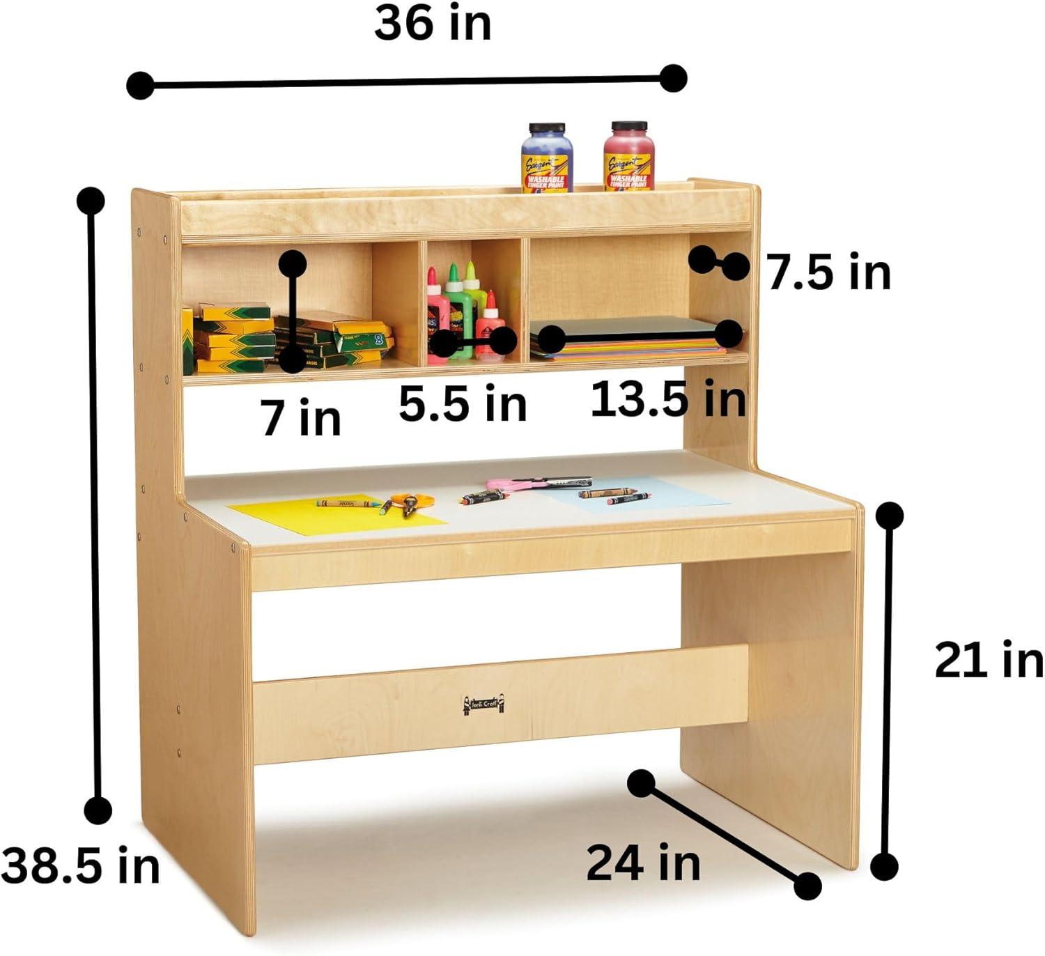 Kids' Dual Writing Desk with Storage Shelves, Light Brown Wood