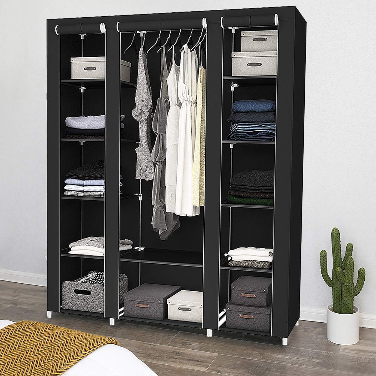 Hohe Qualität Tragbare Kleiderschrank Große Stoff Kleiderschrank Lager Organizer for Kleidung, Taschen, Spielzeug, Schuhe, Wohnzimmer, Schlafzimmer, Schwarz (Color : Schwarz)