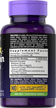 Carlyle Melatonin 40mg Complex | 150 Fast Dissolve Tablets | Extra Strength Support | with Ashwagandha and Chamomile | Vegetarian, Non-GMO, Gluten Free Supplement
