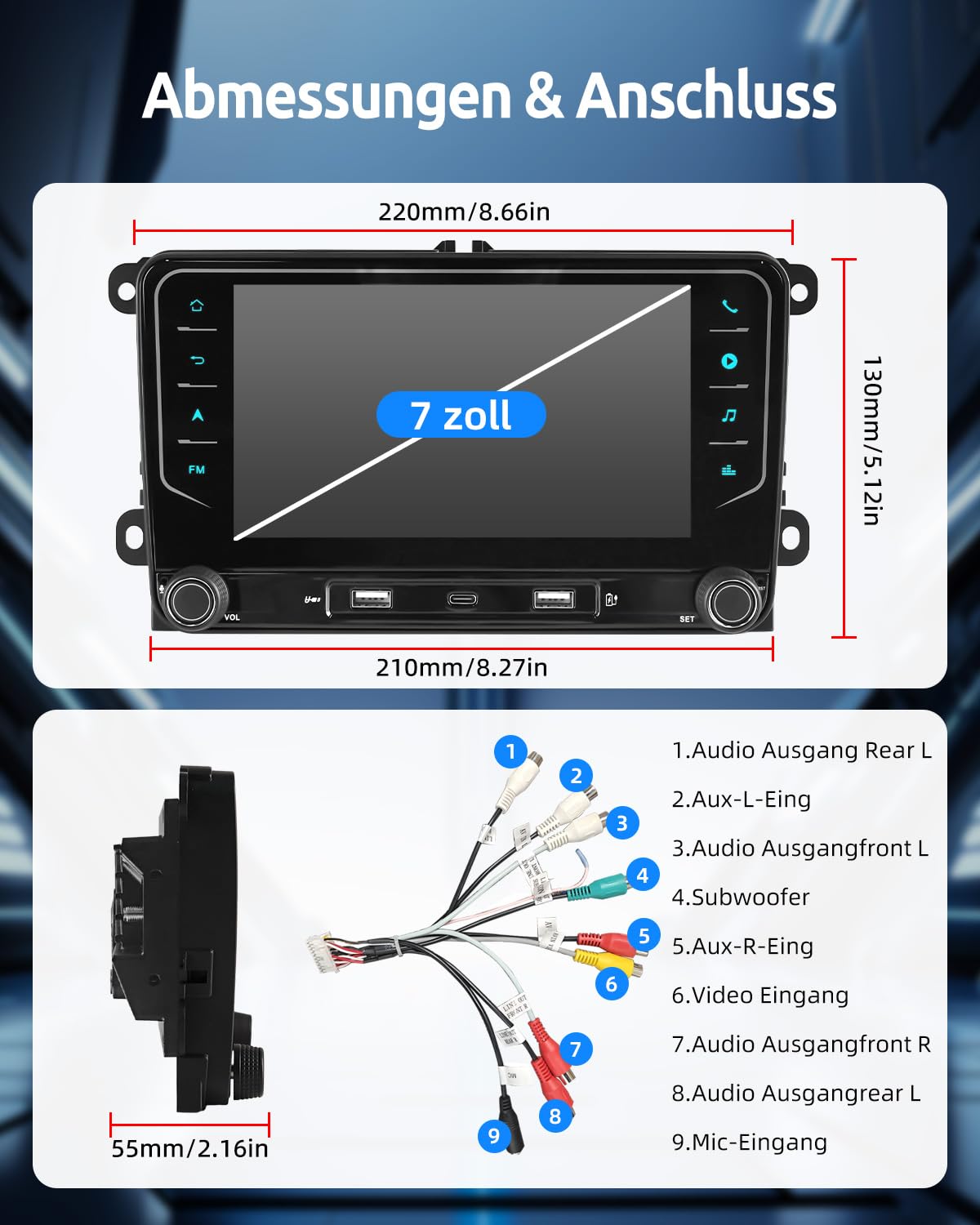 ESSGOO Android 15 4+64G Autoradio mit Wireless Carplay und Android Auto Für Volkswagen Golf 5 6 Plus Tiguan EOS Passat Polo, 7 Zoll Auto Radio Display mit Bluetooth, Mirror Link, AM, FM, SWC