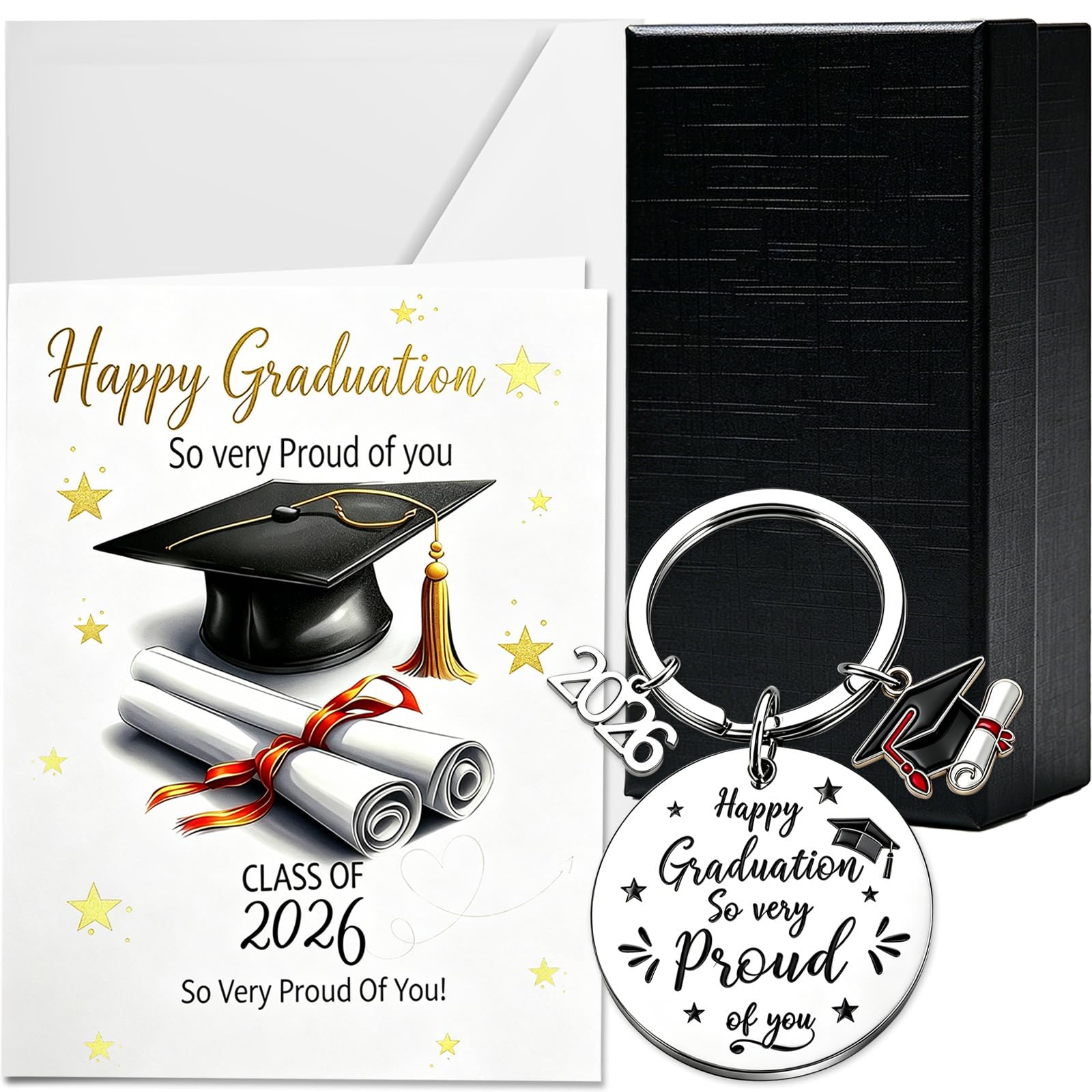 Yunvisty Unisex Kids Multicolor 3Pcs Class Of 2026 Graduation Card Keyring Gift Set With Black Gift Box Graduation Set Gifts For Him Her Congratulations Card With Proud Of You Inspirational Keychain For Graduate School Leavers