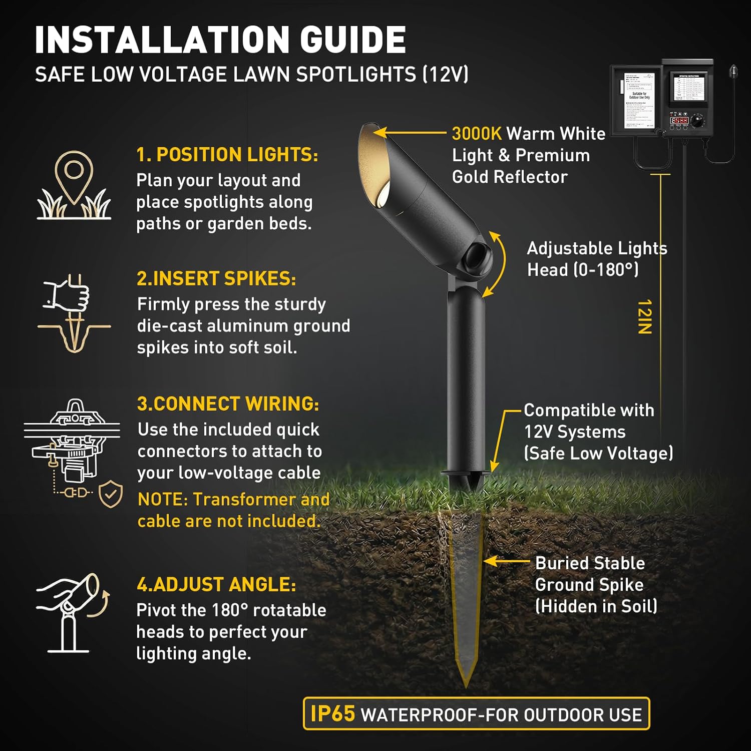 GOLDEN STAR Low Voltage Landscape Light 3W 100Lumen 12V Outdoor Spotlights LED Landscape Lighting 3000K Warm White Flood Lights 6Pack with Metal Stake & Connector for Walls Trees Yard Garden Tree