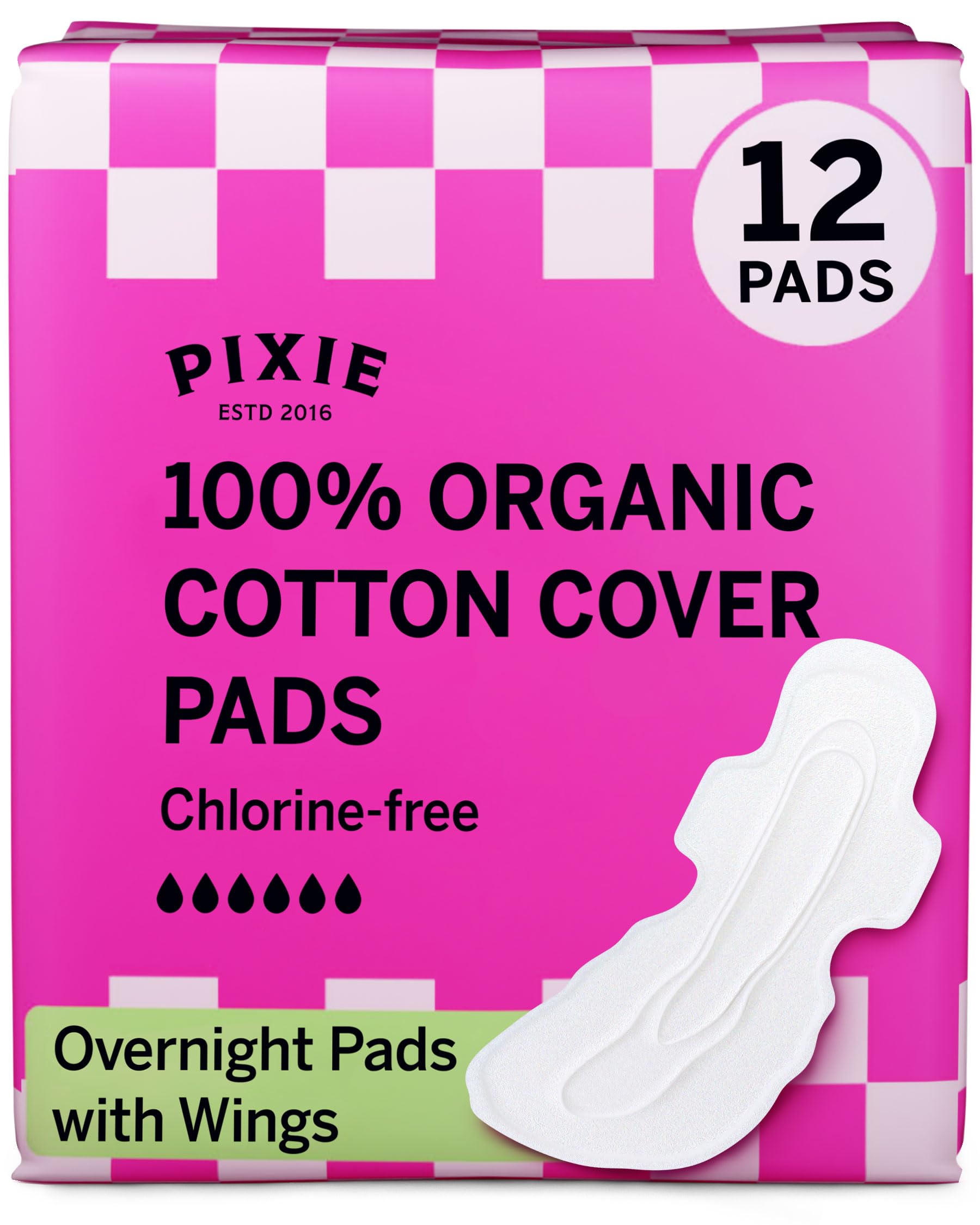 Pixie Pads – jednorazowe wkładki menstruacyjne – pokrycie z bawełny organicznej – bezzapachowe wkładki okresowe dla kobiet – biodegradowalne – podpaski nocne ze skrzydełkami – 12 sztuk