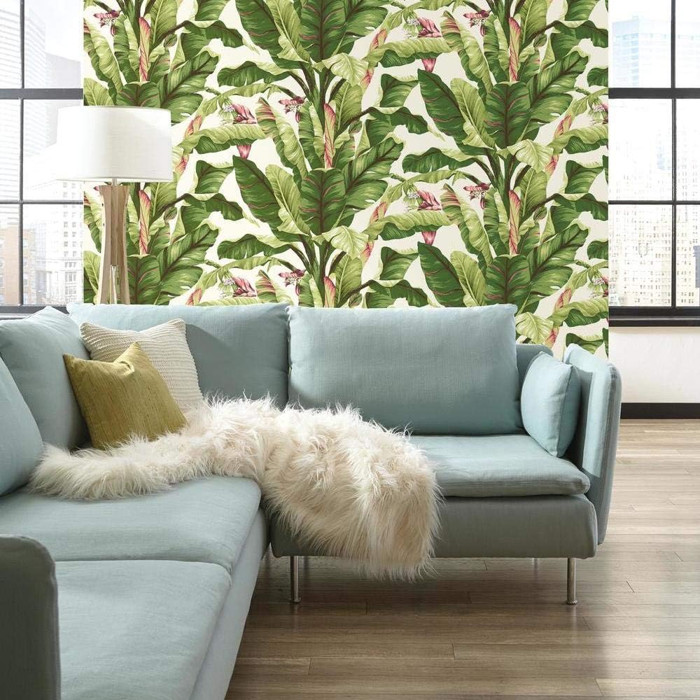 York Wallcoverings AT7067 Tropics White and Green Banana Leaf Removable Wallpaper