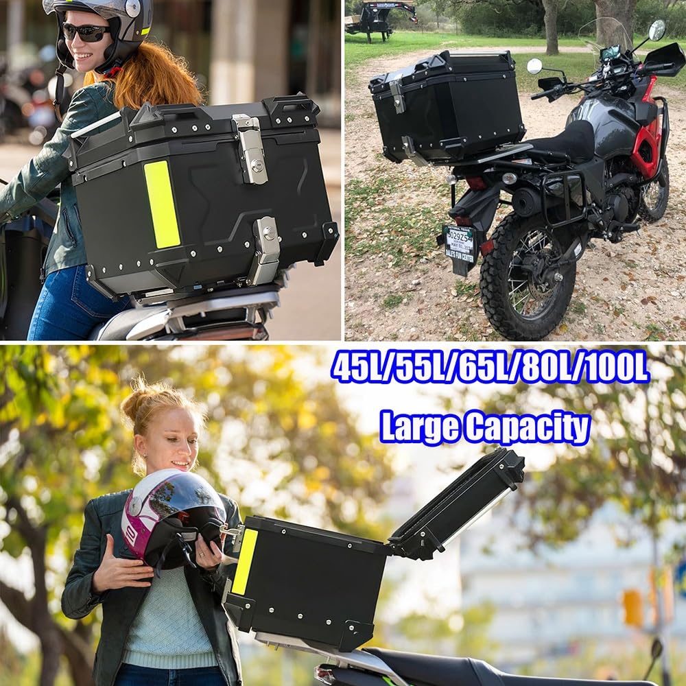 Baul para Moto Topcase, Baúl De Aluminio para Moto Scooter Maleta,Caja De Motocicleta con Respaldo Y Asa,Maletero De Moto 45L 55L 65L 80L 100L(Negro,45L)