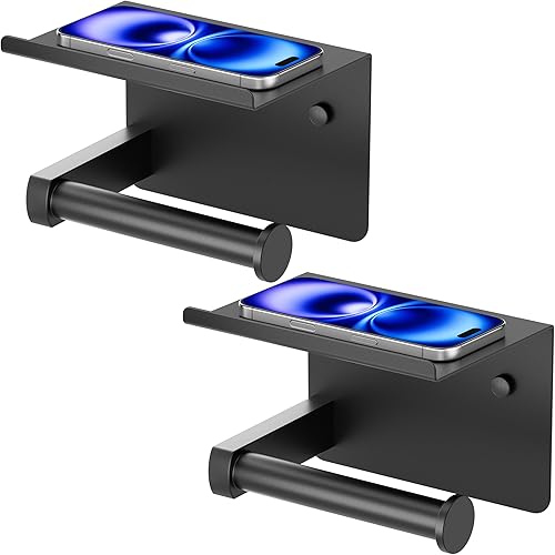 Miniatura 9 de FORIOUS Soporte de papel higiénico con estante, adhesivo o tornillo, soporte para rollo de papel higiénico para baño, soporte de papel higiénico