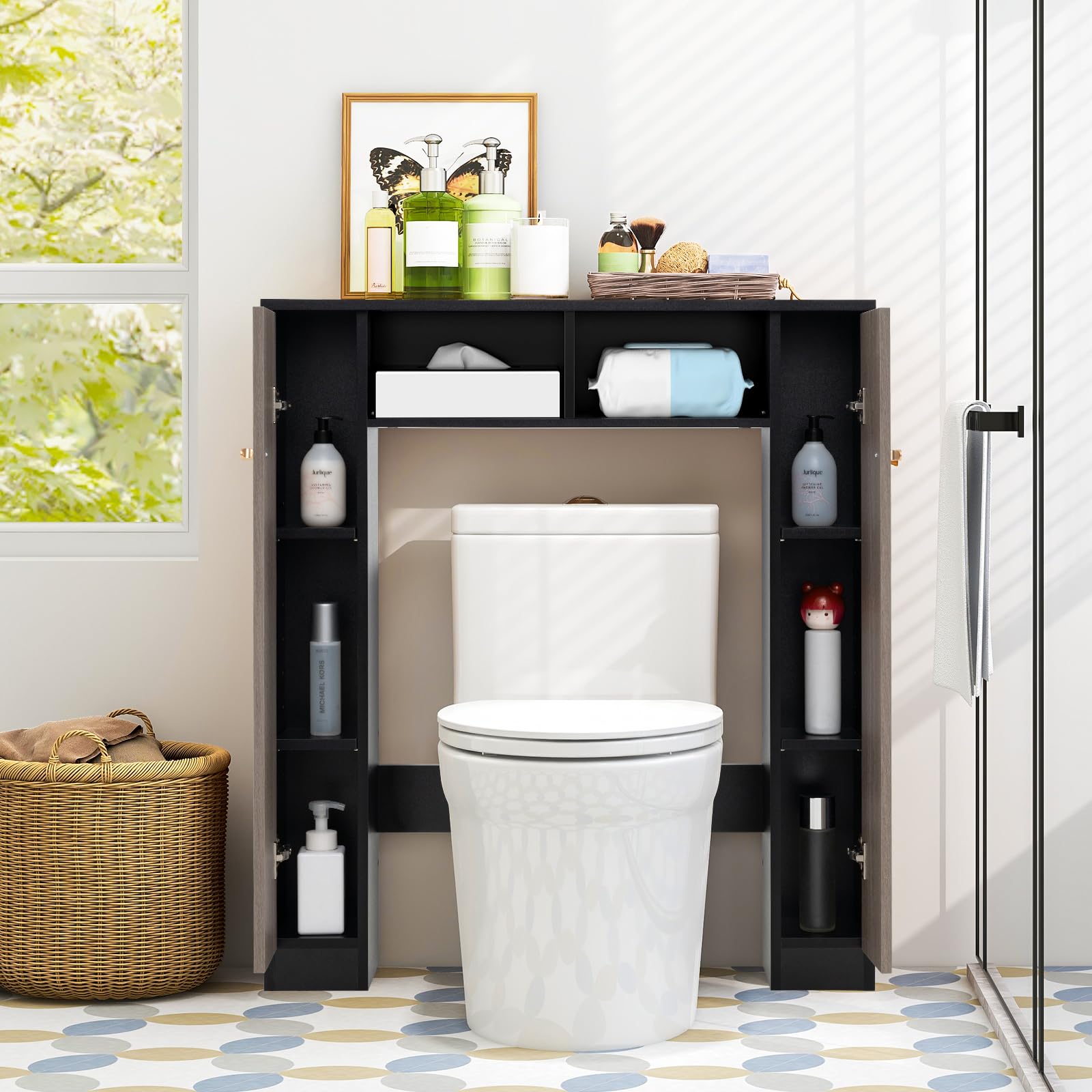 COSTWAY Meuble WC Au-Dessus de Toilettes, Meuble de Rangement avec 2 Compartiments Ouverts, 2 Placard avec 4 Étagères Réglables, Dispositif Anti-basculement, 18 x 87,5 x 98 cm (Gris+Noir)