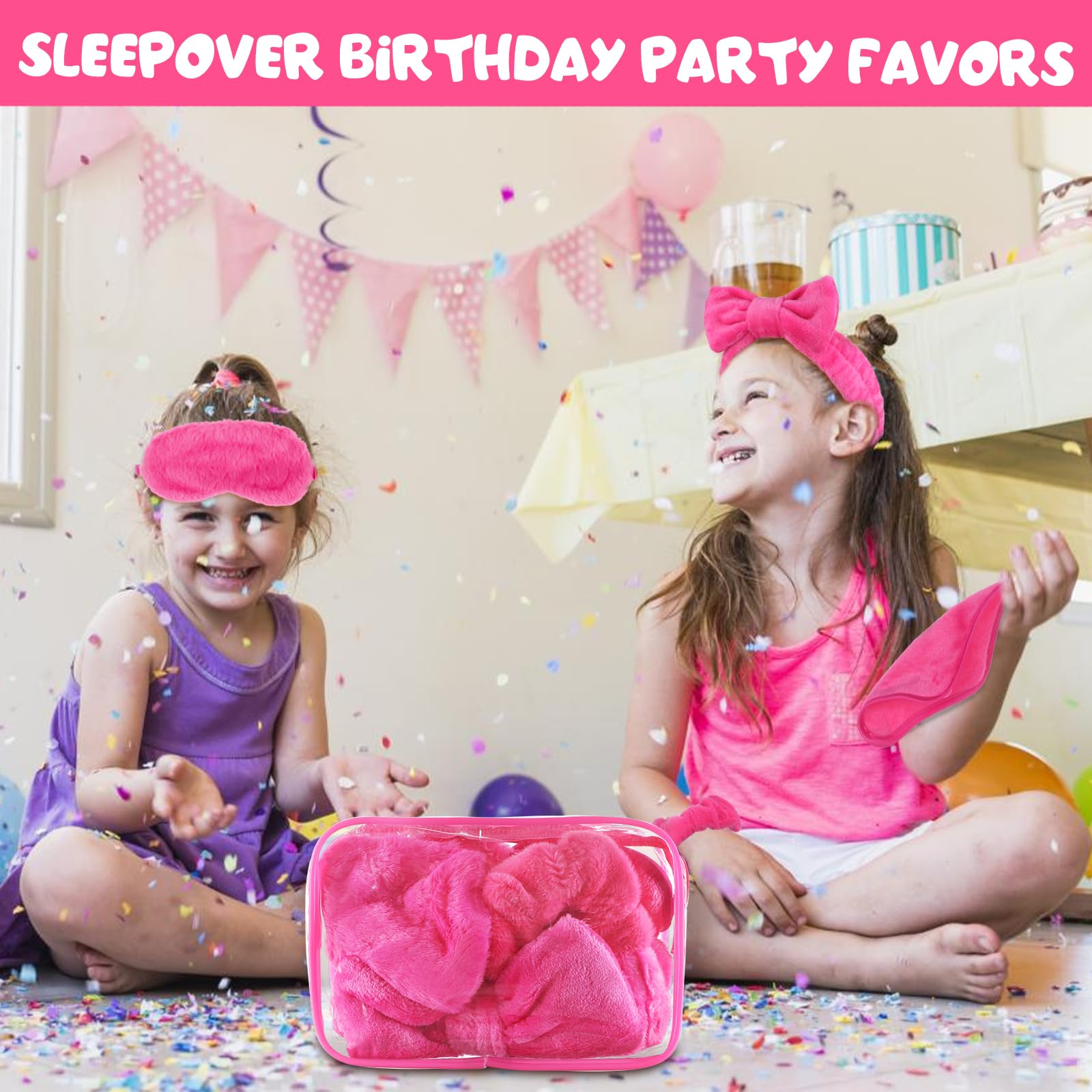 30 piezas de suministros de fiesta de pijamas para niñas, incluye 6 diademas de maquillaje con lazo, 6 antifaz de felpa para dormir, 6 coleteros de terciopelo, 6 paños desmaquillantes, 6 bolsas de