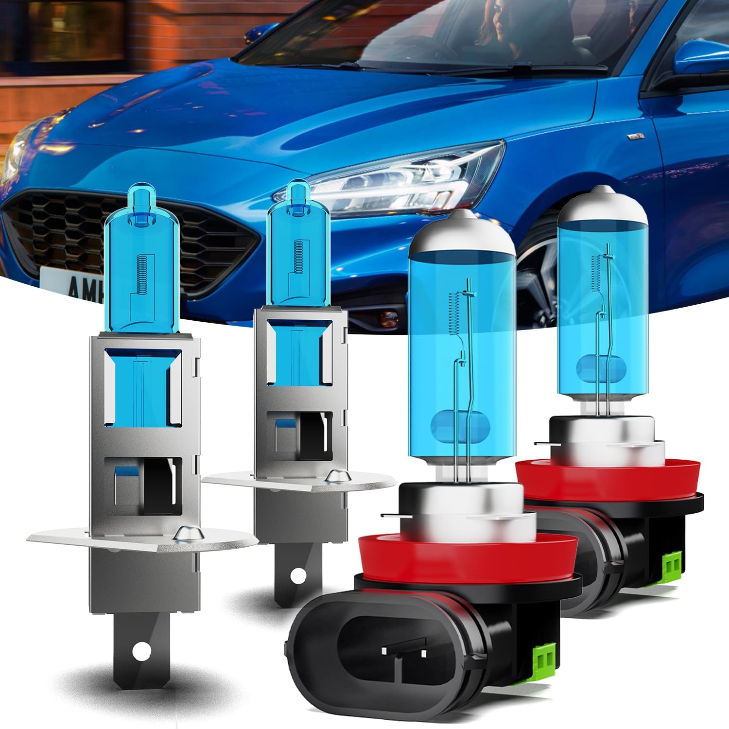 Halogen Headlights Fit for Ford Focus 2012-2018 Headlight Bulbs,H1 High Beam + H11/H8/H9 Low Beam Bright Front Car Lights,Plug And Play,Pack of 4 (Ford Focus 2012-2018)