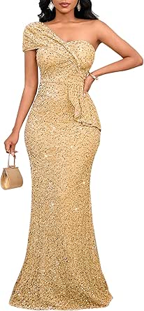 Cololura Women Sequin One Shoulder Mermaid Formal Party Cocktail Gown