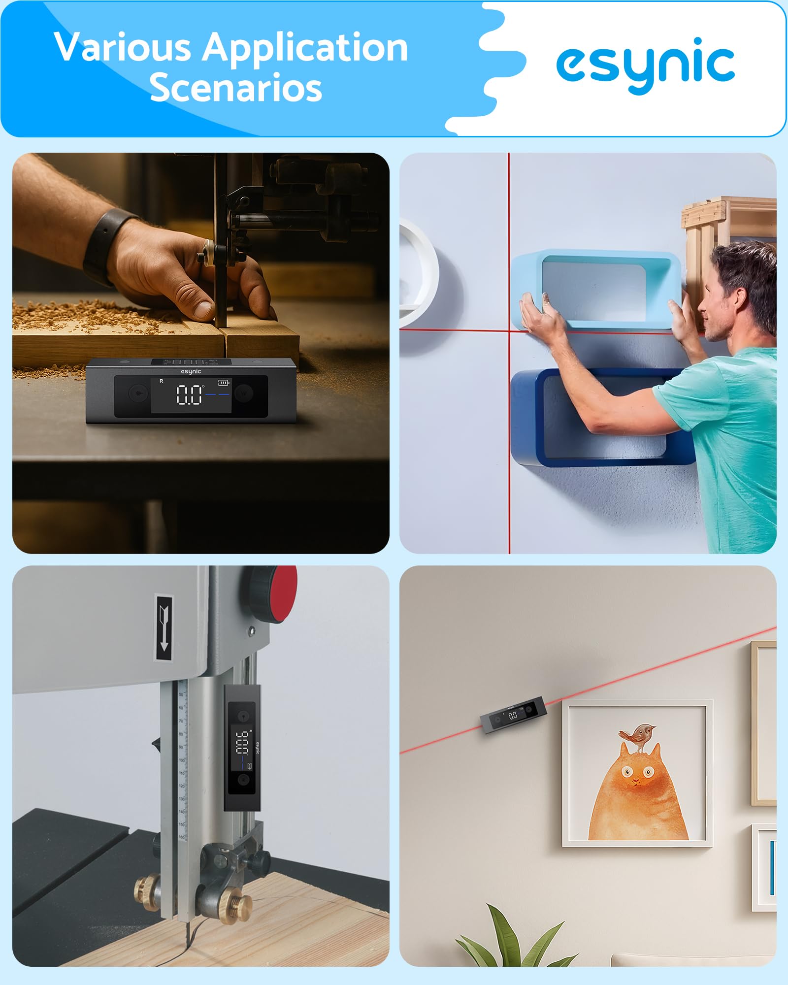 eSynic Digitaler Neigungswinkelmesser mit Dual-Achsen, Präzisions-Inklinometer, Doppel-LCD-Display, Laser-Level, 4 * 90° Messbereich, Wiederaufladbar mit USB-C