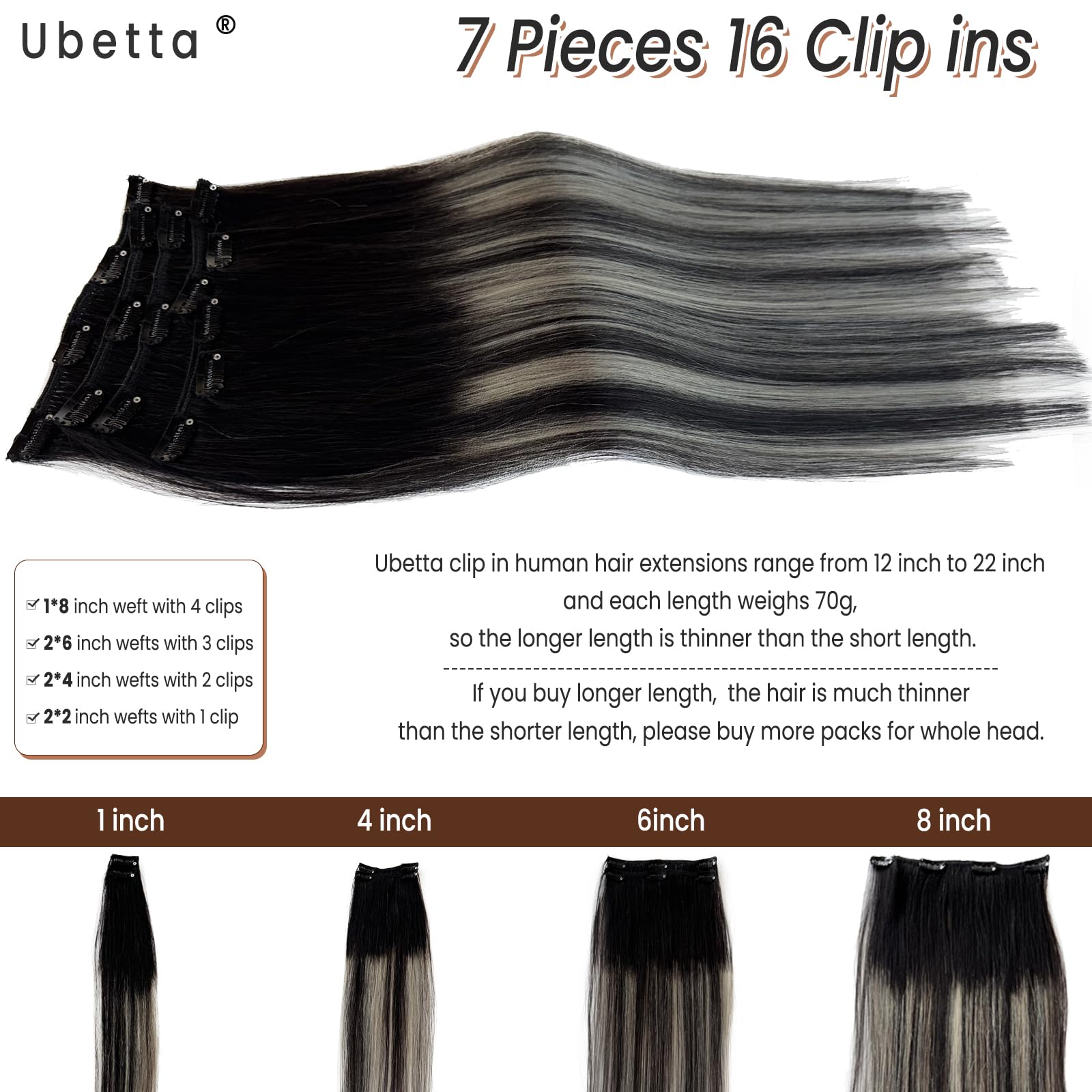 Amazon.com : Clip in Hair Extensions Real Human Hair, 22  display picture 1