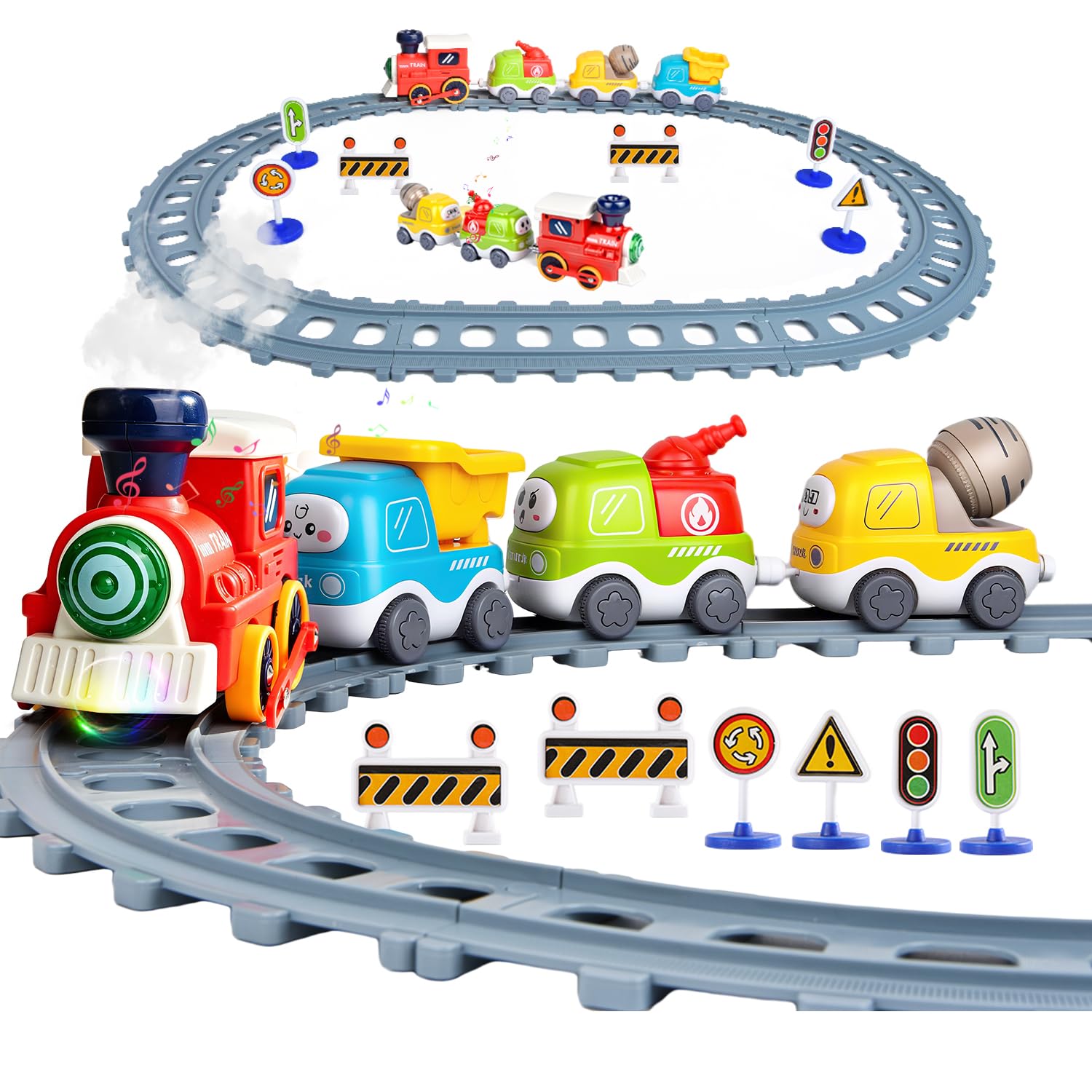 Electric Train Set for Toddlers,Realistic Sound & Lights, Steam Spray,Magnetic Connection, Tracks & Road Signs, Train Toys Christmas Birthday Gift for Kids Boys Girls