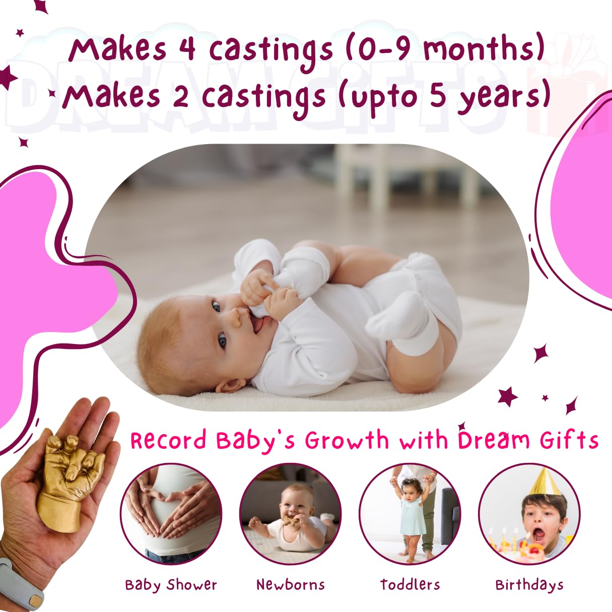 Dream Gifts Baby 2 Hands or Feet 3D Casting Kit (Moulding Powder 350 GMS, Casting Powder 500 GMS, Yellow) 3