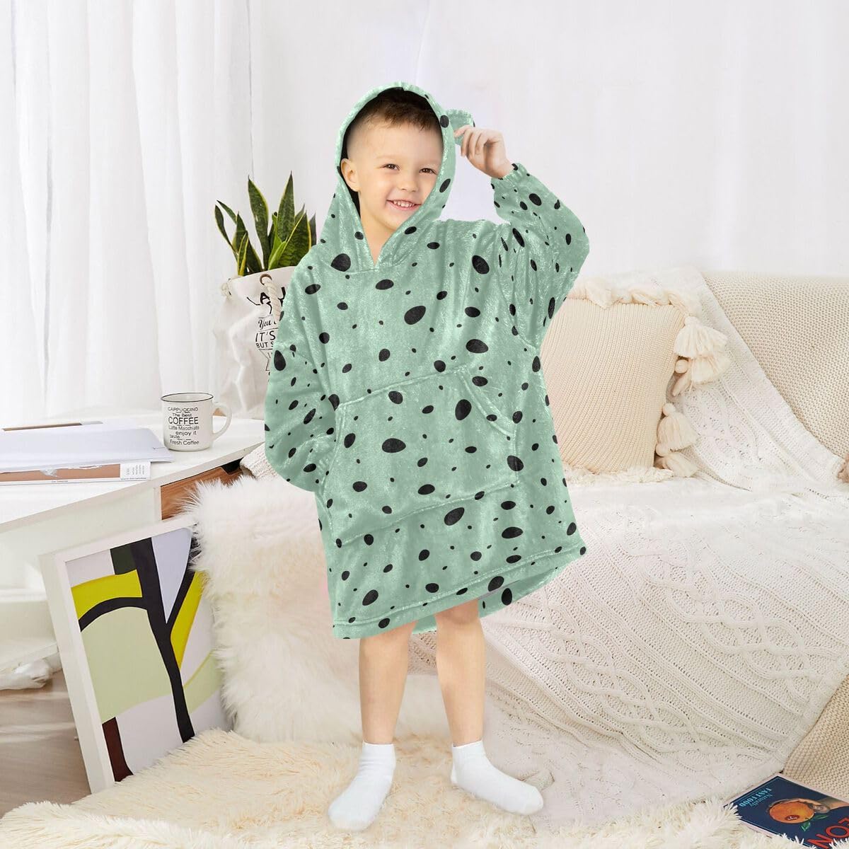 Ciemnozielony koc dziecięcy w kropki bluza z kapturem oversize bluza koc pulower urocze kropki dla chłopców i dziewcząt w wieku 3-14 lat