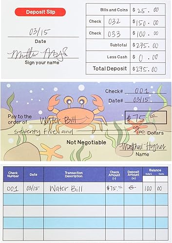 Miniatura 7 de BLUE PANDA 150 hojas de chequera falsa para niños que aprenden con comprobación de depósito y registro de cheques para suministros escolares de