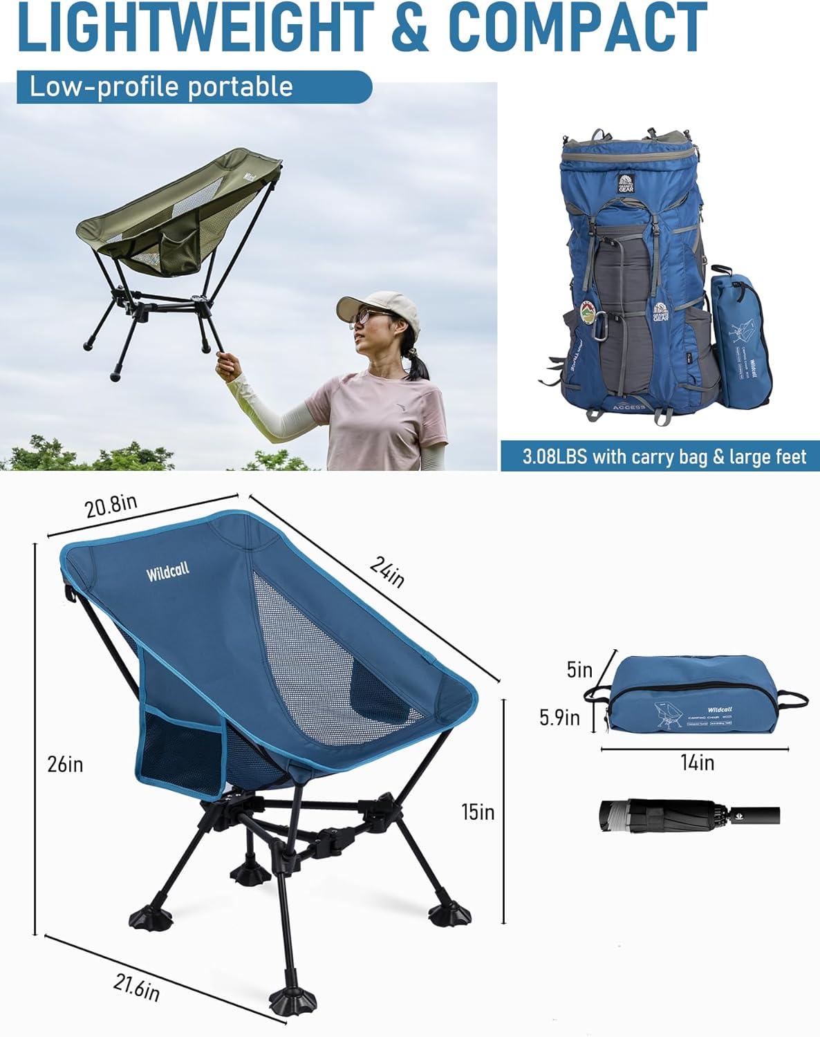 WildCall Lightweight Folding Camping Chair Compact Beach Chair with Anti-Sinking Large Feet