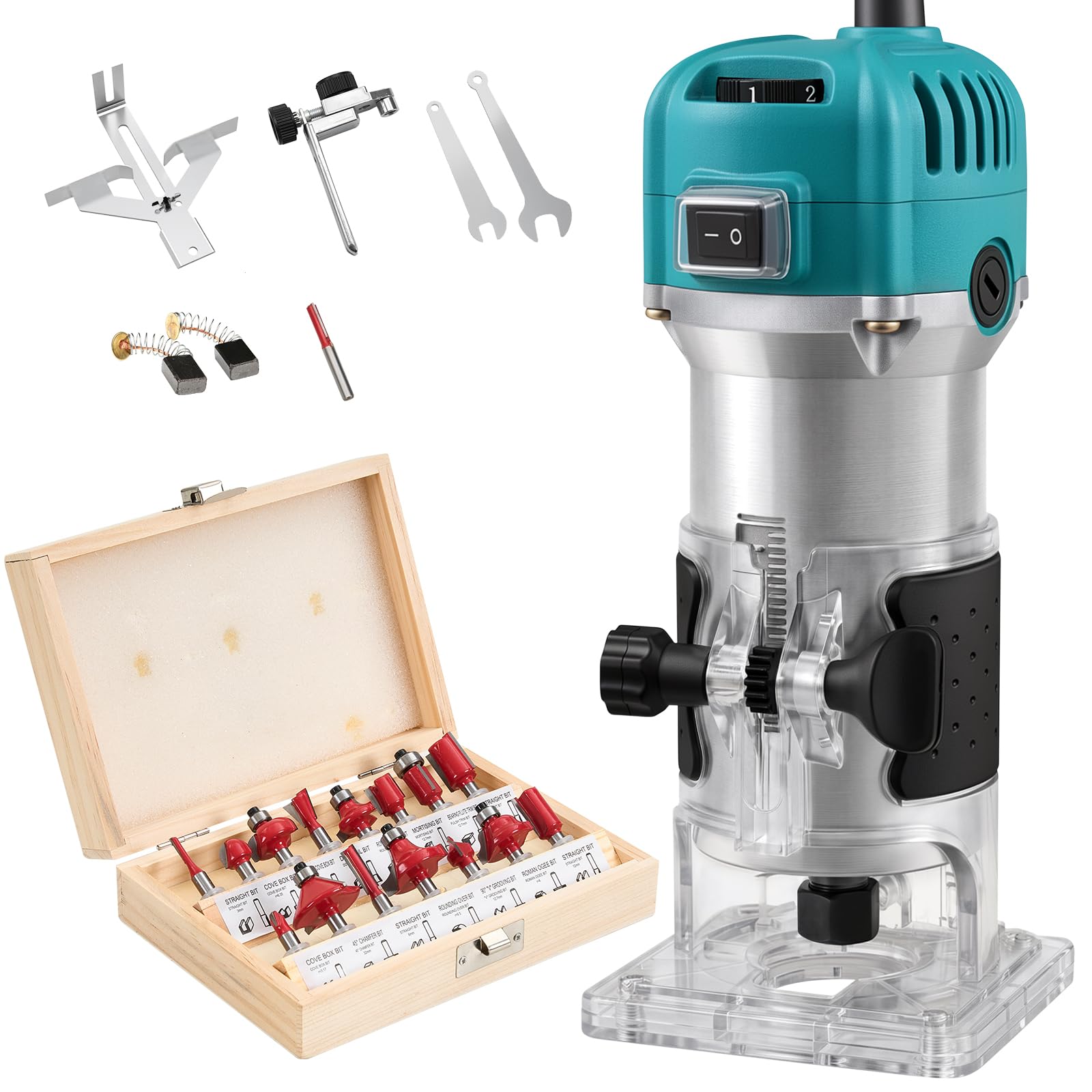 Outil de défonceuse électrique 800 W, 6 vitesses variables max 33000R/min, défonceuse à bois avec base transparente, défonceuse à bois manuelle avec 15 forets pour travaux manuels et bricolage, bleu