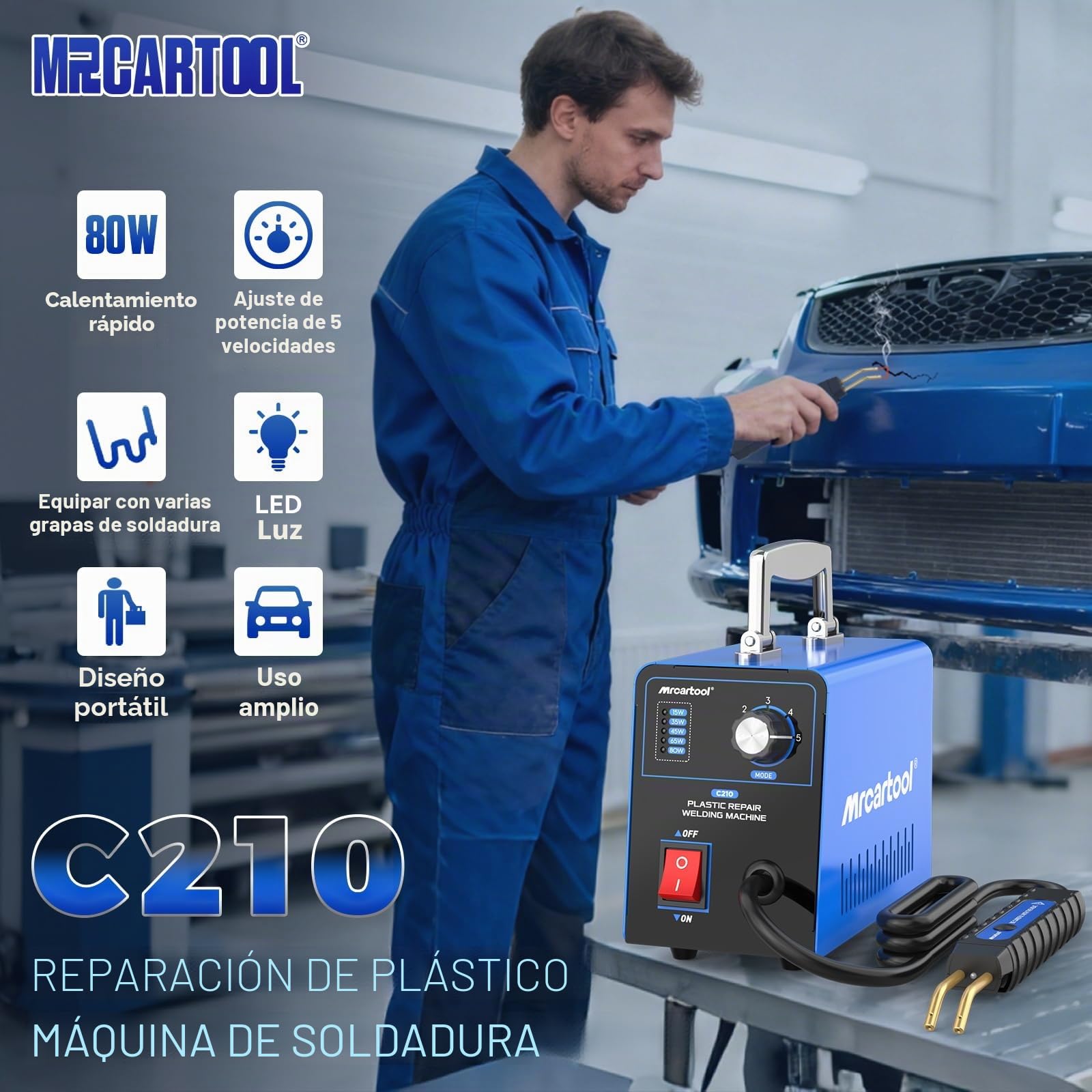 MR CARTOOL 220V Soldadura Plástica Máquina Kit de Soldadura de Plástico con 600 Grapas Calientes, Kit de Reparación de Parachoques de Coche con 15W/35W/45W/65W/80W Ajustable para Coche Moto (Bleu)