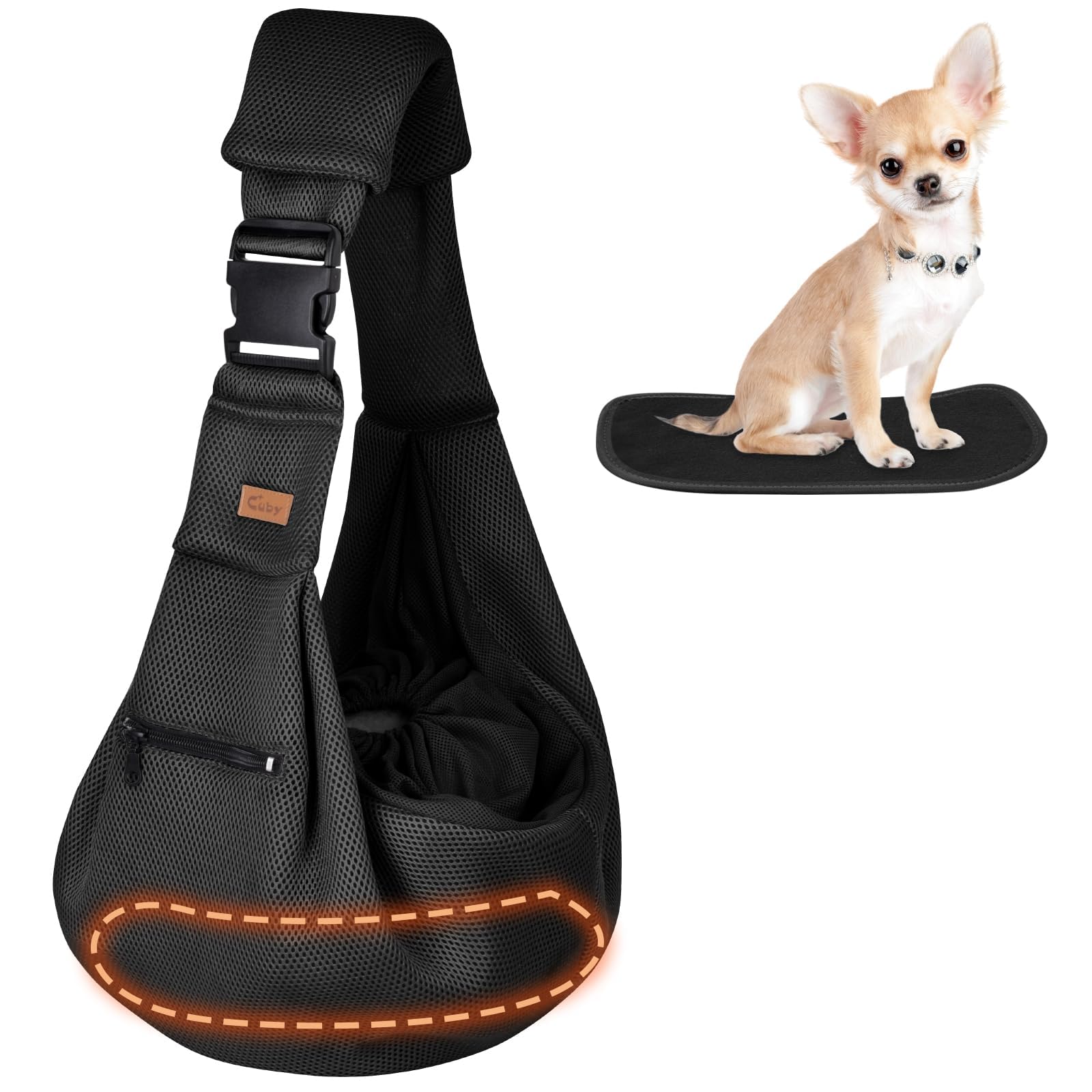 Cuby 犬 抱っこ紐 犬用スリング 小型犬メッシュショルダーバッグ ペットスリング 猫 キャリーバッグ 長さ調整可能 底板付き 肩パッド付き 飛び出し防止 メッシュネット付き 10キロまで対応(黒い)