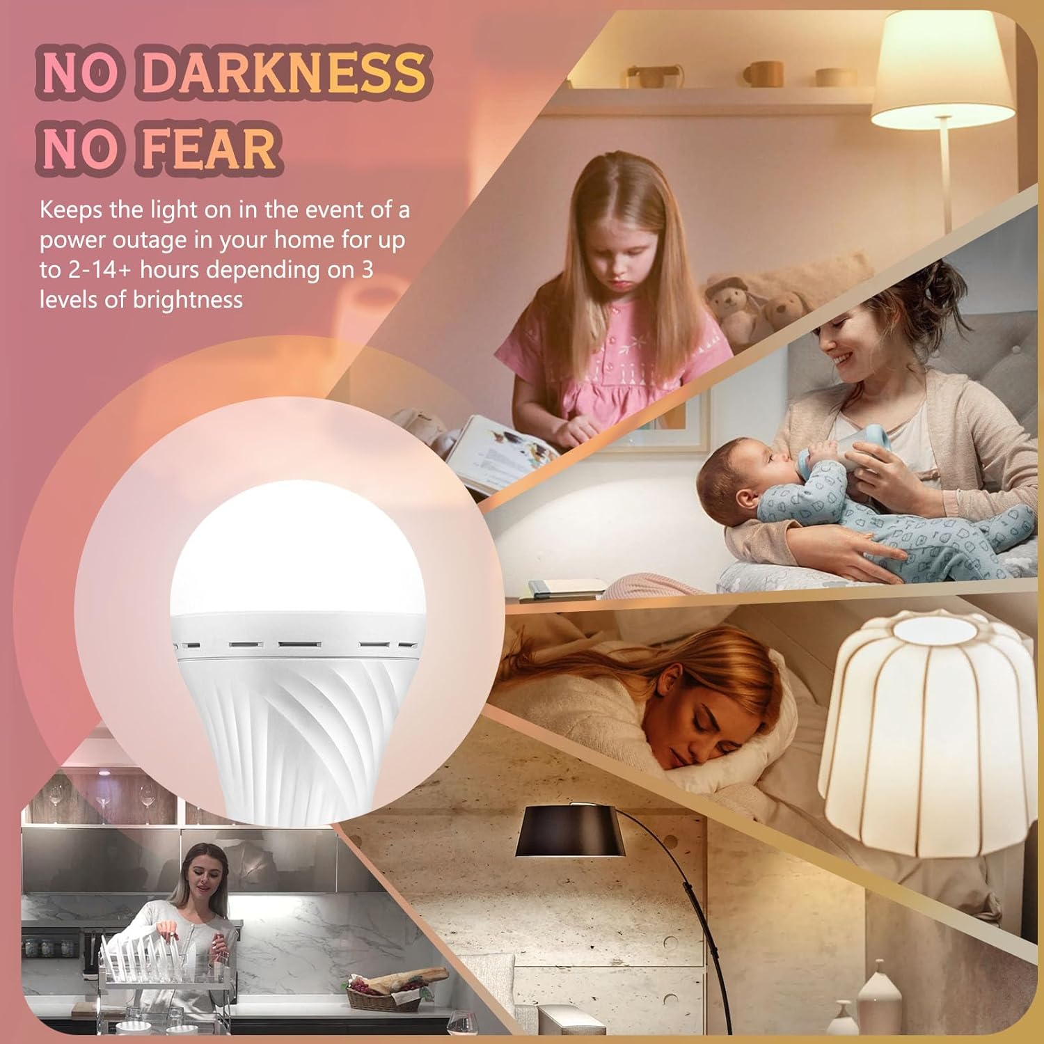 6 Pack Rechargeable Emergency Light Bulbs, Battery Powered LED Light Bulb 6000K Daylight E26 12W 60W Equivalent with 1500mAh for Home Power Outage Camping Hiking( 6 Bulbs, 6 Hooks,3 Plug Caps)