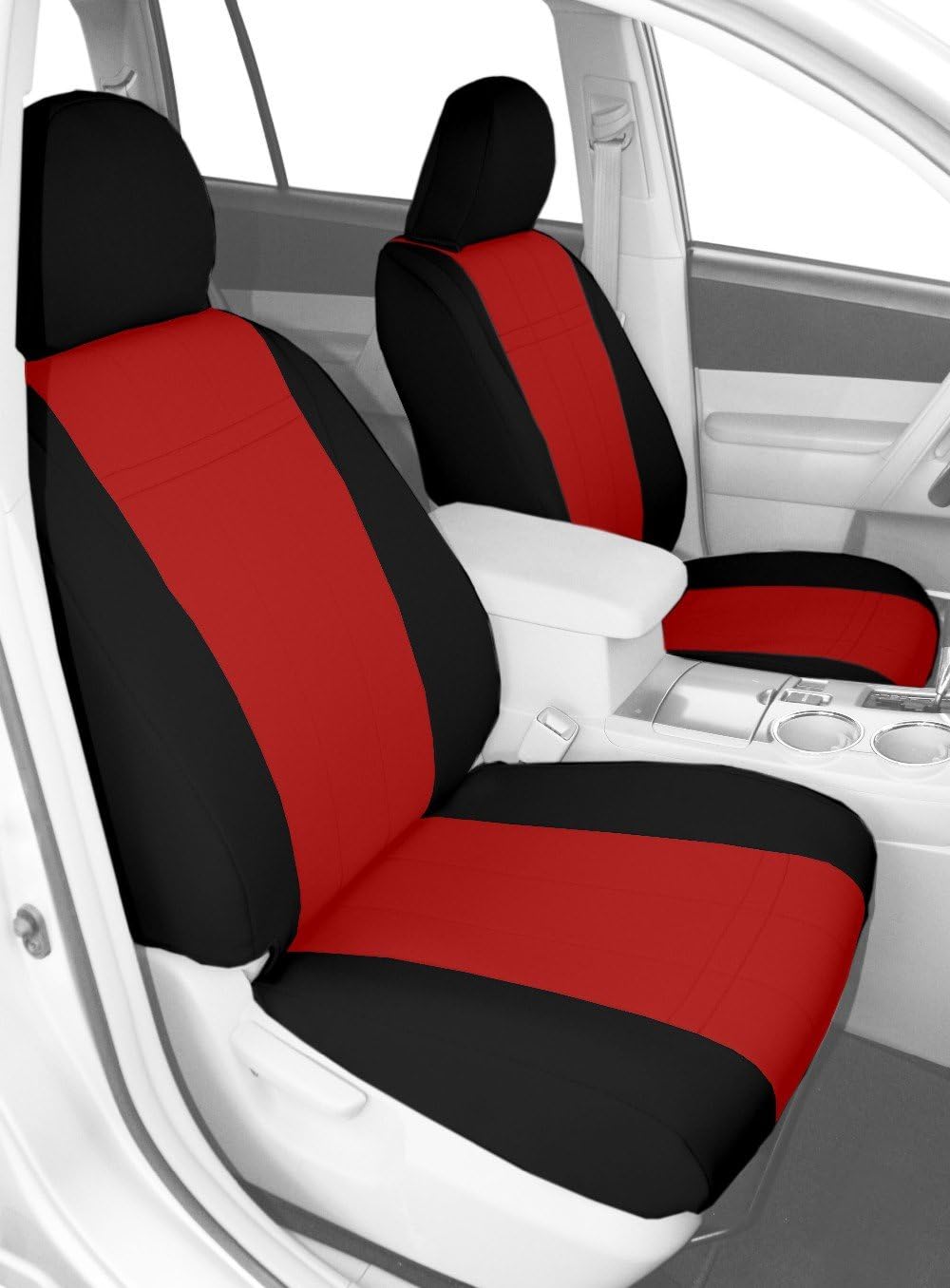 Front Buckets Seats, CalTrend Neoprene Seat Covers for 2011-2014 Dodge Charger Red Red Insert with Black Trim