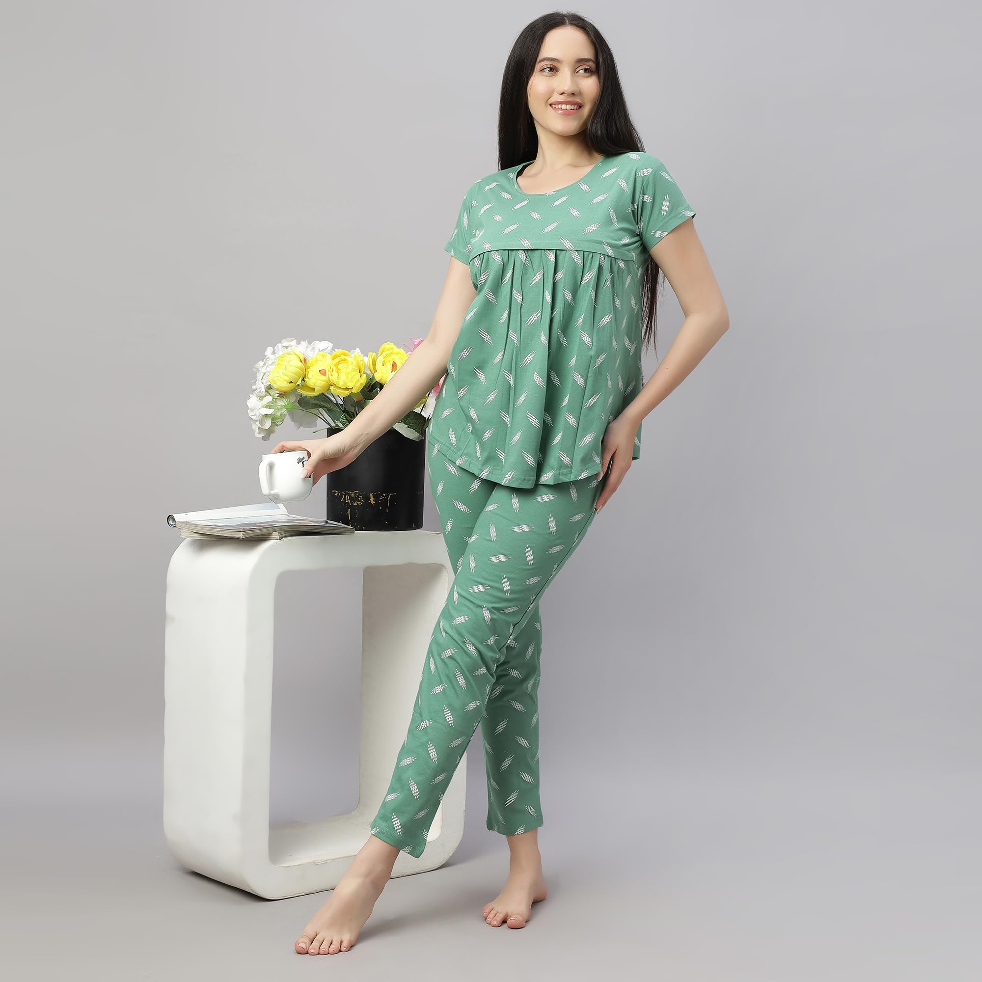 DZZO New Women's Cotton Printed Maternity Night Suit | Comfortable Feeding Night Dress | Soft & Breathable Nursing Pajama Set | Color - Green, Size - 2XL - Image 5 thumbnail