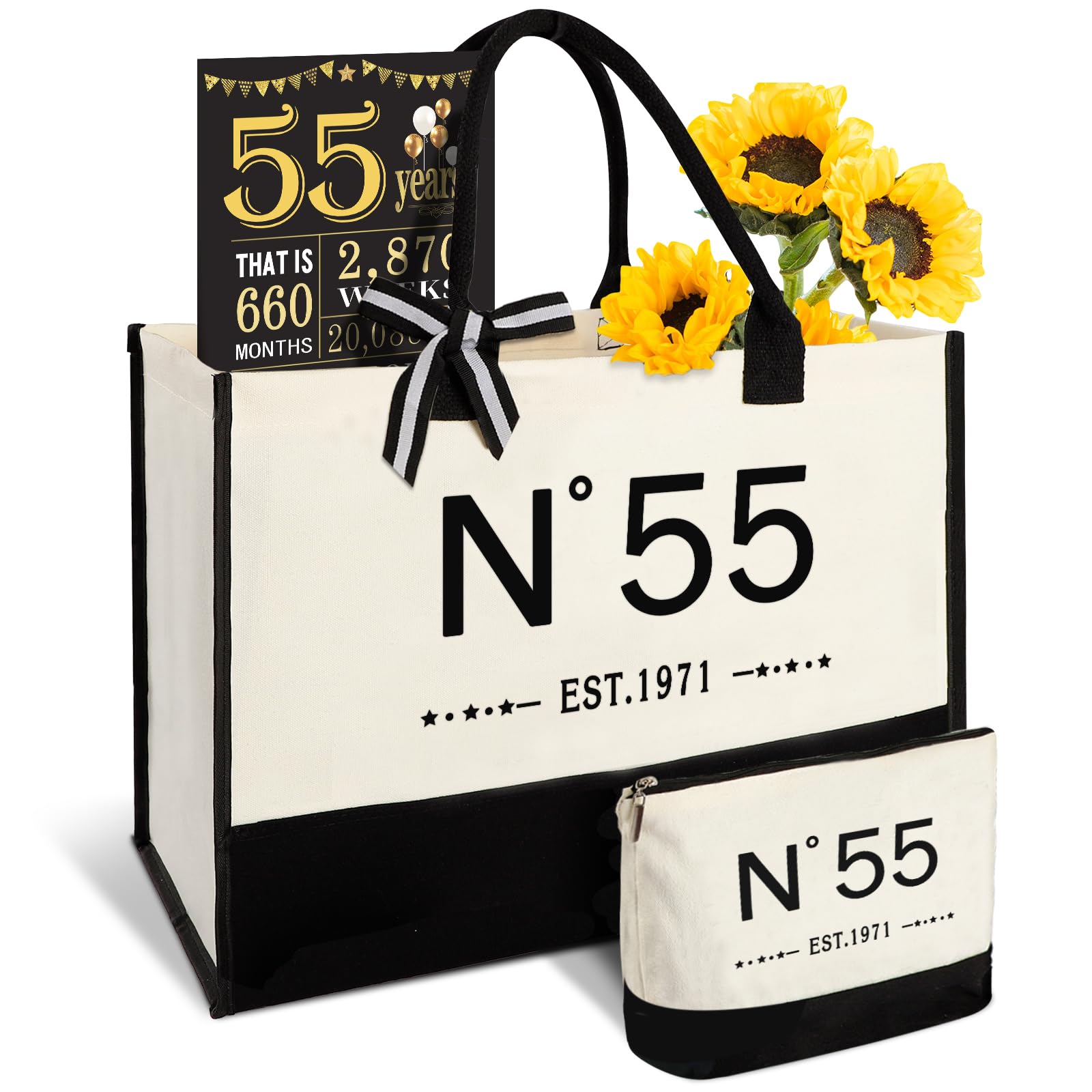 Amosking 55 Jahre alte Geschenke für Frauen Canvas Einkaufstasche Reiseausrüstung, 55. Geburtstag Geschenke für Frau Freunde Mama, Vintage N°55 Handtasche & Kosmetiktasche & Geburtstagsposter