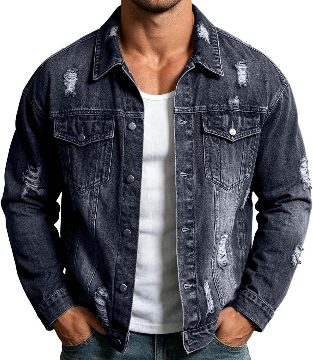 Men's Ripped Denim Jacket Lapel Collar Button Front Distressed Jean Trucker Jacket Loose Streetwear Casual Coat