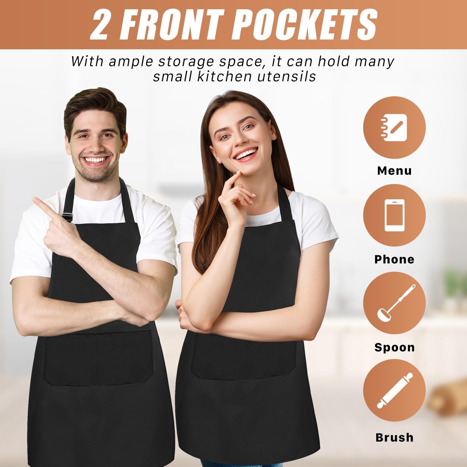 24 grembiuli unisex, in tinta unita, con 2 tasche, regolabili, per adulti, cucina, barbecue, grigliate, forno, lavabili in lavatrice, nero, 60,5 x 71 cm