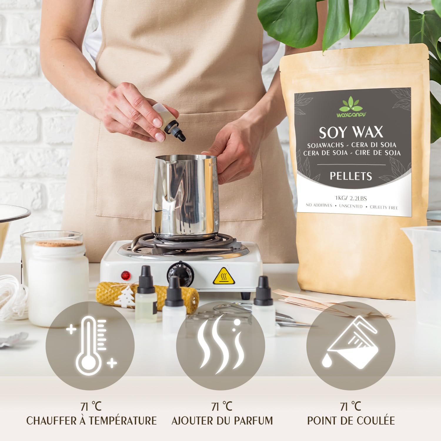 Cire de soja pour bougies, Cire premium pour bougies 10kg de Waxcanpy, Cire de soja écologique 100% naturelle pour bougies