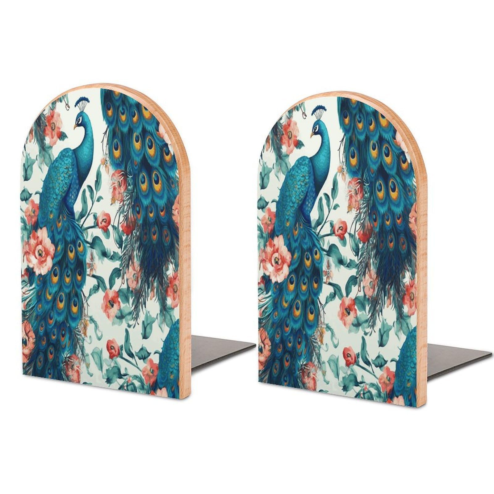 Beautiful Peacock Flowers Bookends 1 Pair Heavy Duty Book Ends for Shelves Non-Skid Bookend Supports Wooden Book Holders with Metal Base Desk Organizers Books Storage to Hold Books
