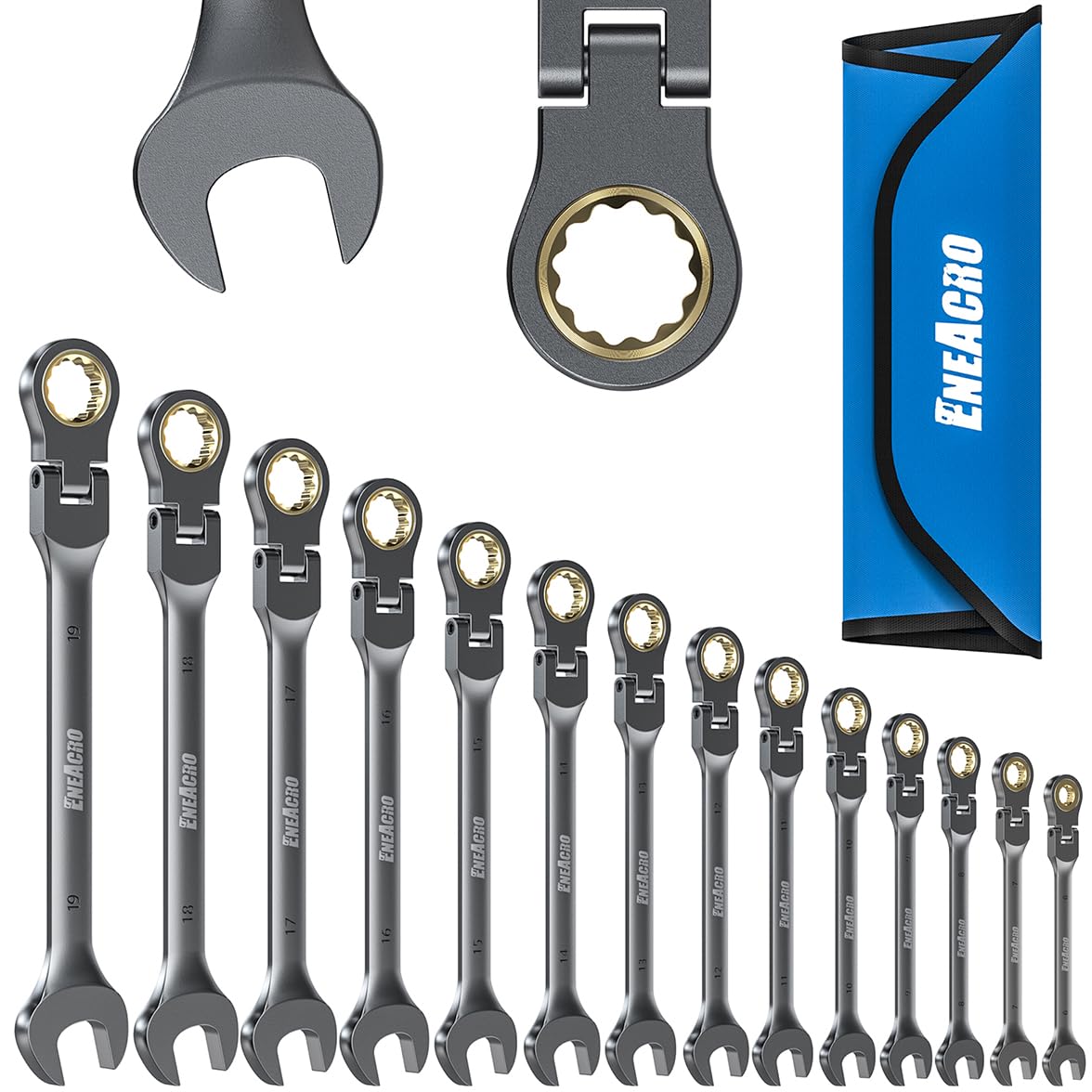 ENEACRO Articulated Ratchet Spanner Set, 14 Pieces, 6-19 mm, Flex Head Non-Slip Combination Spanner