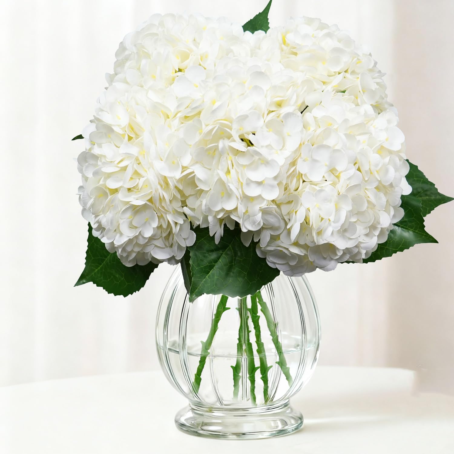 Real Touch Hydrangea Artificial Flowers 21 Inch White Artificial Flowers Large Real Touch Latex with Long Stems & Leaves Suitable for Weddings, Home and Table Centrepiece Decorations (5PCS)