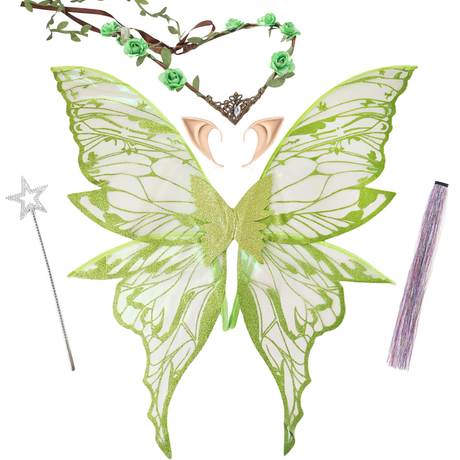 PartyforU Fairy Wings Adult for Women, 5 Pcs Green Elf Costumes Butterfly Wings Elf Ears Flower Crown Fairy Wand Colorful Hair Piece, Halloween Renaissance Fancy Dress