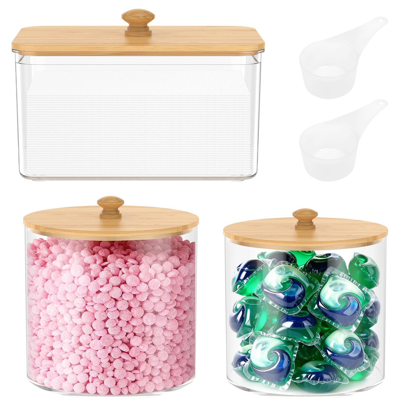 MENIBBLER 3 Pack Laundry Pods Storage Container Dryer Sheet Holder with Scoop and Wood Lid Detergent Powder Capsule Pot Washing Powder Storage Box for Laundry Room Bathroom Organisation
