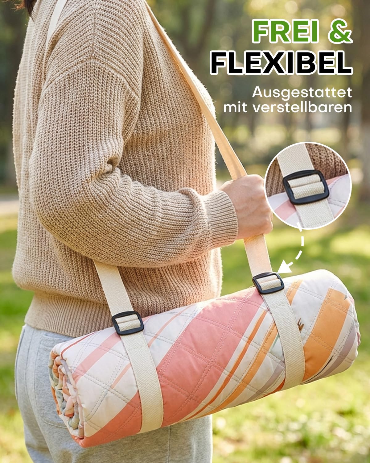 Picknickdecke 200x200 cm, Wasserdicht & Waschbar, Dreischichtige Struktur, Faltbare Stranddecke für 4-6 Personen, Tragbar Campingdecke mit Trageriemen für Picknick, Camping, Strand