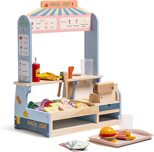 ROBUD Juguetes de comida de juego de simulación para niños pequeños, juegos de comida de cocina de madera para niños y niñas, contador de sándwiches