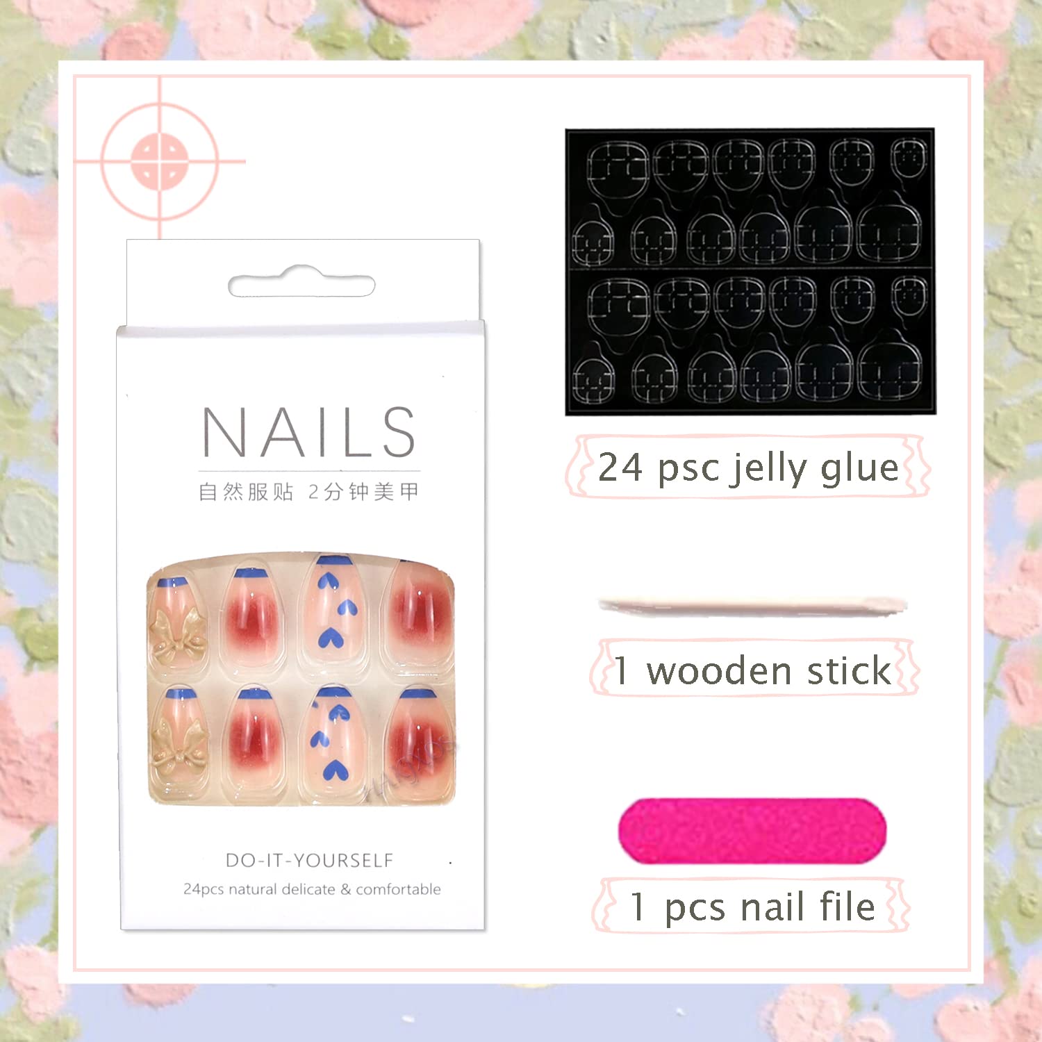 chorong nude fake French Press on Nails Medium Length Fake Nails French Fashion Blush Bow  Little Blue Heart Exquisite Full Coverage Design Acrylic Nails for Women  and Girls Nail Art Salon 24Pcs : Amazon.ae: Beauty